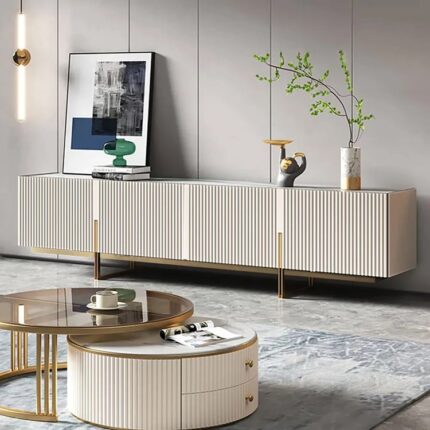 Qrovyn minimalist televizor şkafı sinterlənmiş daş və ağacdan krem ağ rəngdə, 220 sm