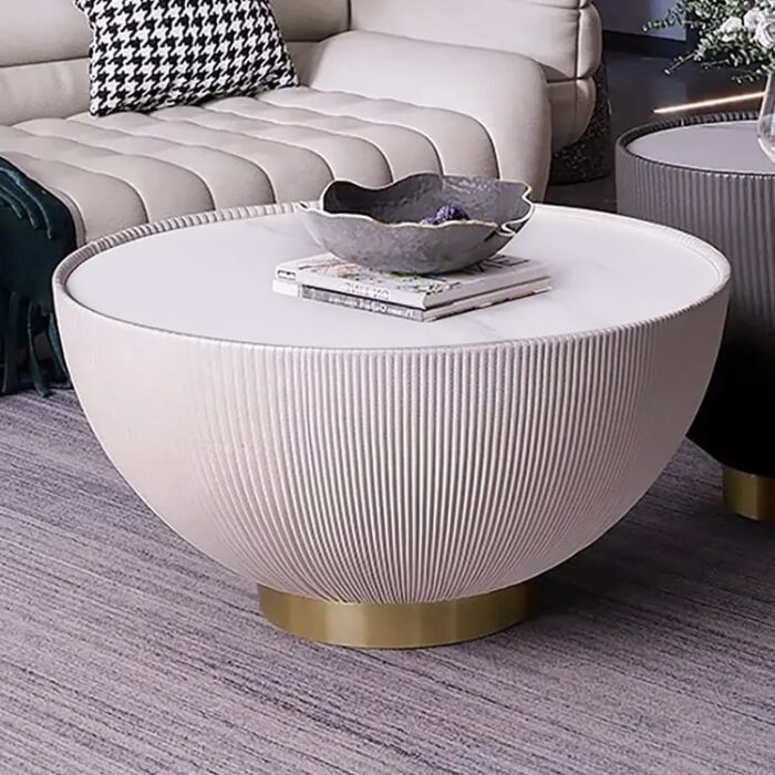 Sinterlənmiş daş dəridən hazırlanmış 700 mm dairəvi barabanlı qəhvə stolu