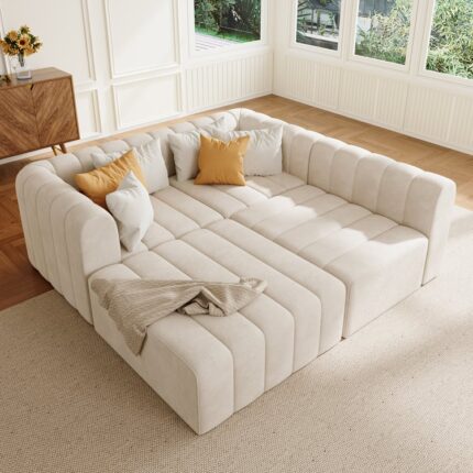 Modul künc divan, 3020 mm, krem rəngli məxmər, çevrilə bilən, 4 hissəli, doldurulmuş