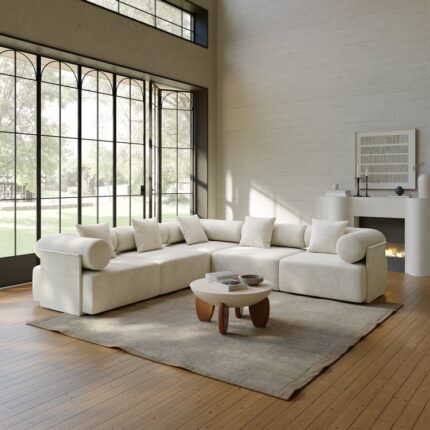 Ağ məxmər və dairəvi beton sehpadan 5 ədəd modul L formalı künc divan, 2800 mm