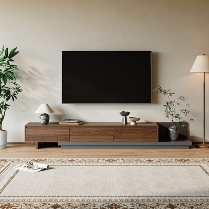 Fero minimalist televizor lövhəsi MDF-dən qoz və boz rəngdə, 200 – 360 sm