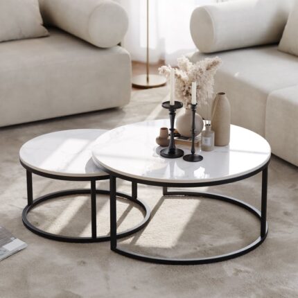 Fero Modern 2 hissəli dəyirmi sehpa mərmər görünüşlü daş və metaldan hazırlanmışdır