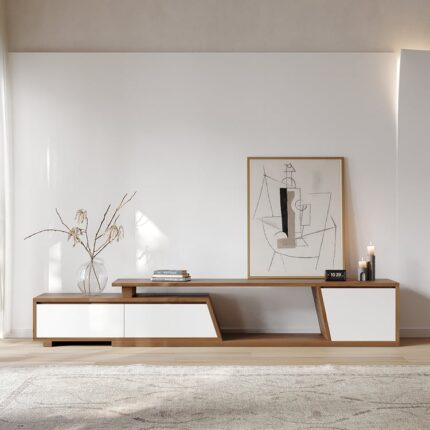 Fero uzadıla bilən minimalist TV lövhəsi ağ və qoz, 280 sm