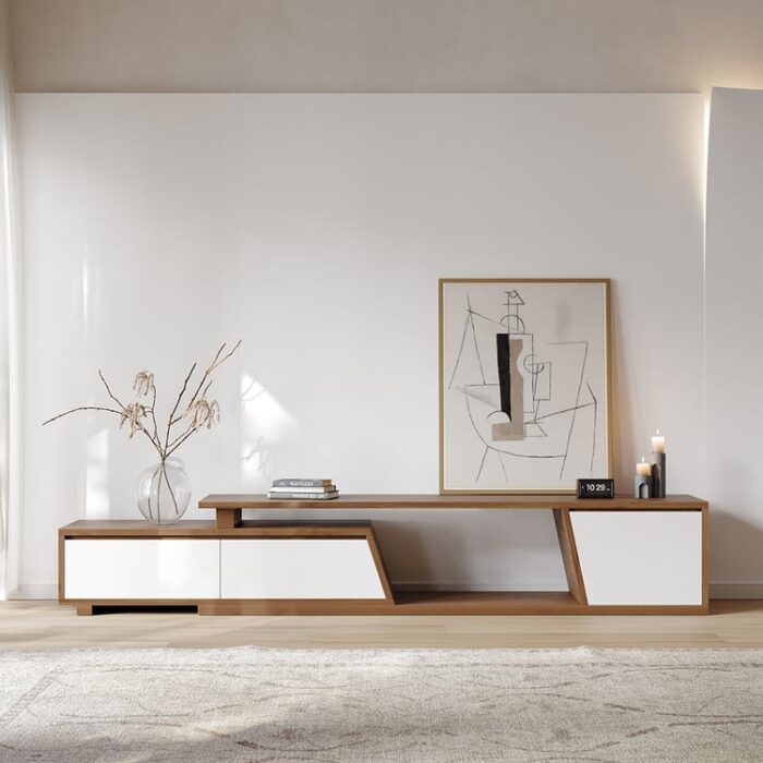 Fero uzadıla bilən minimalist TV lövhəsi ağ və qoz, 280 sm