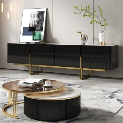 Qrovyn minimalist televizor şkafı sinterlənmiş daş və ağacdan qara rəngdə, 220 sm