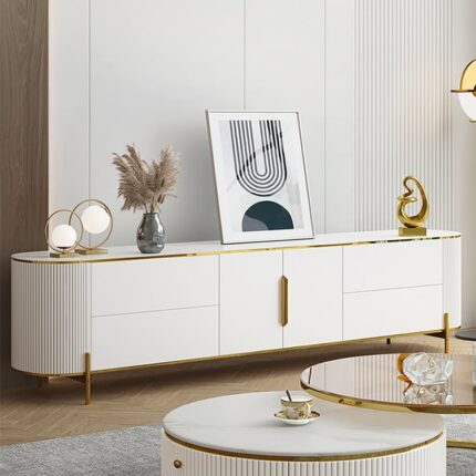 Müasir oval televizor şkafı ağ rəngdə çekmeceli və qapılı, 220 sm